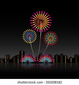 Bright festive fireworks with modern city skyscrapers at night background