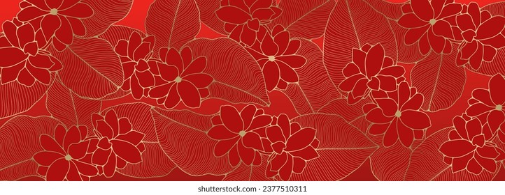 Bright festive floral background with a golden outline of flowers with leaves. Red vector background in Chinese style for cards, holiday invitations, wallpapers, decor, covers.