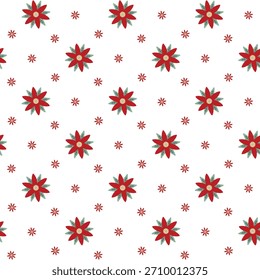 Bright, festive floral pattern featuring red poinsettias with green leaves scattered on a clean white background. Ideal for holiday themes, seasonal decor, packaging, textiles, and digital backdrops