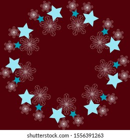 Bright festive frame with colored snowflakes. Red background. Vector illustration for Christmas and New Year