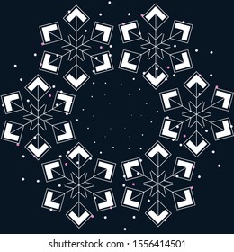 Bright festive frame with colored snowflakes on dark blue background. Vector illustration for Christmas and New Year