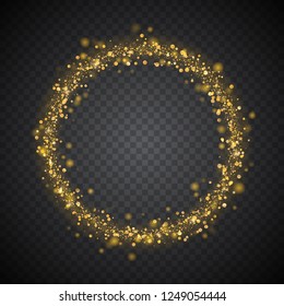Bright festive frame of glowing gold particles. Light effects on a transparent background. Vector illustration