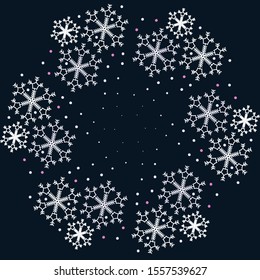 Bright festive frame with white snowflakes on dark blue background. Vector illustration for Christmas and New Year
