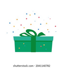 Un regalo verde festivo brillante de estilo plano. Icono. Sorpresa inesperada en una colorida caja de regalo. Vector aislado en el fondo blanco para regalos publicitarios, decoración de diseño, impresión, internet. Estilo de caricatura.