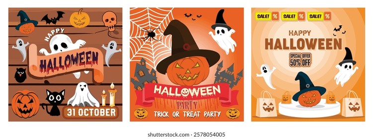 Bright and festive Halloween theme. A spooky and festive Halloween. It features pumpkins, ghosts, and a sale tag promoting fifty percent off. Set flat vector modern illustration