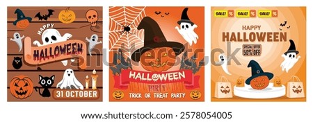 Bright and festive Halloween theme. A spooky and festive Halloween. It features pumpkins, ghosts, and a sale tag promoting fifty percent off. Set flat vector modern illustration