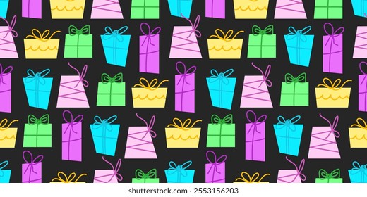 Bright festive holiday seamless pattern gift box gift surprise vector illustration on dark background