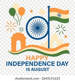 Bright and festive illustration celebrating India's Independence Day on 15 August. Perfect for greeting cards, banners, educational materials, patriotic promotions. Flat vector, transparent background - Powered by Shutterstock - Get 15% off with code: PIKWIZARD15