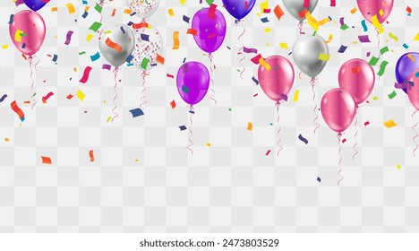 Imagen alegre y festiva con varios globos de colores y confeti dispersos que representan una celebración o ambiente de fiesta