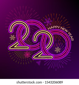 Bright festive inscription Happy New Year 2020. Christmas. Neon colors. Infinity symbol. Snowflakes, explosions of fireworks and salute. Vector. Dark background. Red, yellow and violet color.