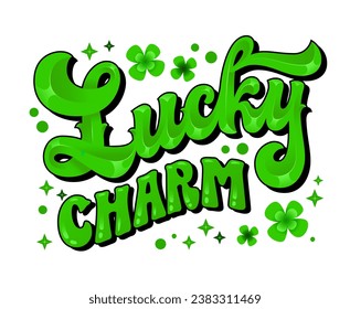 Bright, festive isolated typography illustration, Lucky charm. Vector lettering design element in groovy script style with gloss shine. Decorated with clover and sparkles. Web, fashion, print purposes