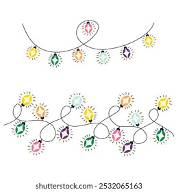 Bright festive lights on a white background. Garlands with vibrant bulbs. Christmas and New Year s greeting card designs. element for winter holiday decorations.