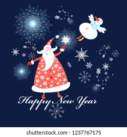 Bright festive merry Christmas greeting card with Santa Claus on a blue background with snowflakes