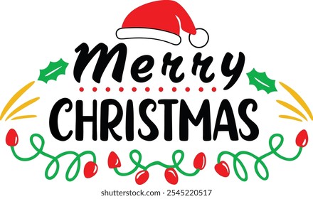 "Bright and festive Merry Christmas typography design featuring vibrant holiday elements like holly leaves, Santa hats, and decorative accents. Perfect for use in Christmas cards.