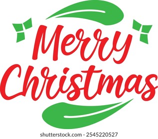 "Bright and festive Merry Christmas typography design featuring vibrant holiday elements like holly leaves, Santa hats, and decorative accents. Perfect for use in Christmas cards.