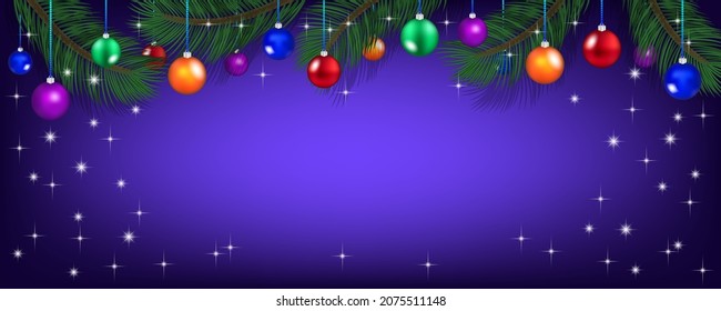 Bright festive New Year banner with fir branches and colored glass Christmas toys balls. Sample, empty center and radiant sparks