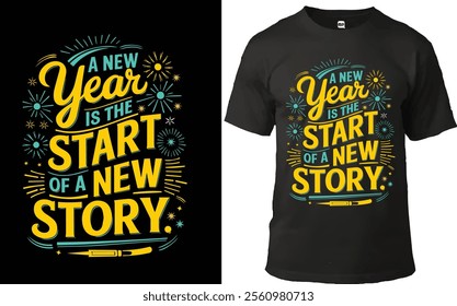"Bright and festive New Year typography design: 'A New Year is the Start of a New Story' with vibrant fireworks and pen illustration. Perfect for t-shirts, posters, and celebration themes."