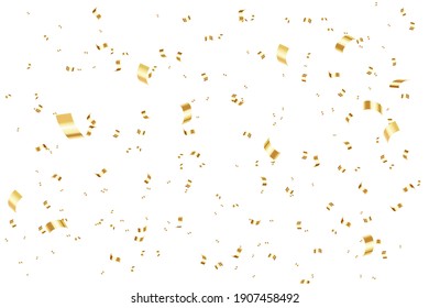 Bright festive overlay effect with gold tinsels. Vector illustration. Falling shiny golden confetti and serpentine pieces isolated on white background.