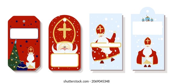 Etiquetas de precios en papel festivo o etiquetas de regalo de varias formas. Juego de stickers para el día de San Nicolás. Día de San Nicolás, Mikulas, Víspera de Sinterklaas. Etiquetas de regalo.