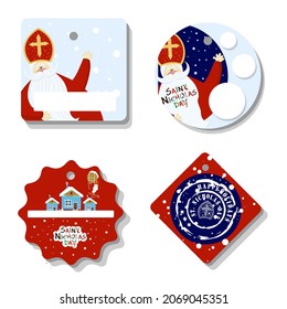 Bright festive paper price tags or gift tags of various shapes. Set of stickers for the day of St. Nicholas. St. Nicholas Day, Mikulas, Sinterklaas Eve. Gift tags.