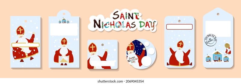 Bright festive paper price tags or gift tags of various shapes. Set of stickers for the day of St. Nicholas. St. Nicholas Day, Mikulas, Sinterklaas Eve. Gift tags.