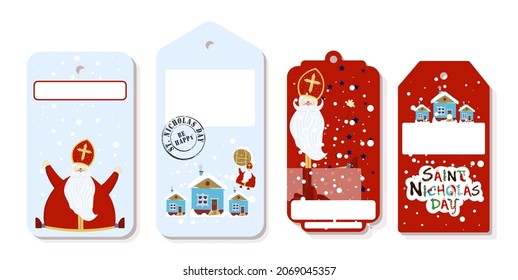 Bright festive paper price tags or gift tags of various shapes. Set of stickers for the day of St. Nicholas. St. Nicholas Day, Mikulas, Sinterklaas Eve. Gift tags.