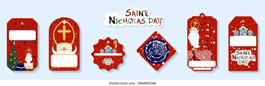 Bright festive paper price tags or gift tags of various shapes. Set of stickers for the day of St. Nicholas. St. Nicholas Day, Mikulas, Sinterklaas Eve. Gift tags.