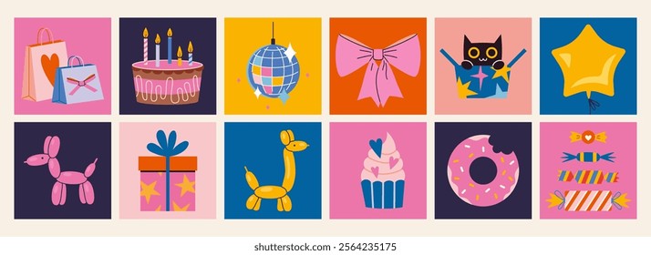 Bright Festive party decor set. Square colorful icons with balloons, celebration cake, sweets, gifts, bow and Disco Ball. Trendy modern vector illustration, hand drawn, flat design