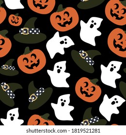 Bright festive pattern halloween hat ghost pumpkin on black background