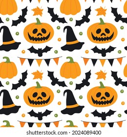 A bright festive pattern with pumpkins, a witch hat, flags, bats and confetti in black and orange colors. Halloween seamless illustration for printing on packaging, postcards, banners, fabrics, etc