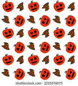 A bright festive pattern with pumpkins, a witch hat, flags, bats and confetti in black and orange colors. Halloween seamless illustration for printing on packaging, postcards, banners, fabrics, etc
