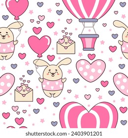 A bright festive pattern with rabbits flying in a heart-shaped balloon. Valentine's Day Concept