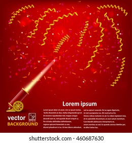 Bright festive red background with serpentine and  firing cannon. Circus festival background. Stock vector illustration