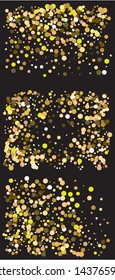 Bright festive round confetti. Vector illustration surprise. Decorative element of design. Gold set of beautiful shiny abstract textures on black background.