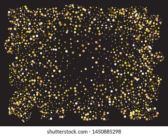 Bright festive round confetti. Vector illustration surprise. Decorative element of your design. Gold beautiful shiny abstract texture on black background.