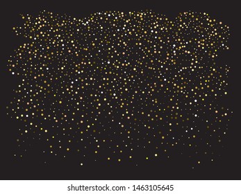 Bright festive round confetti. Vector illustration effect. Unusual element of your design. Gold beautiful shiny abstract texture on black background.