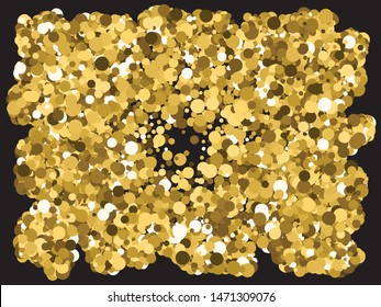 Bright festive round confetti. Vector illustration object. Fresh element of your design. Gold beautiful shiny abstract texture on black background.