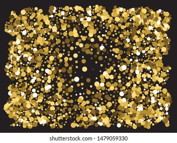 Bright festive round confetti. Vector illustration theme. Vibrant element of your design. Gold beautiful shiny abstract texture on black background.
