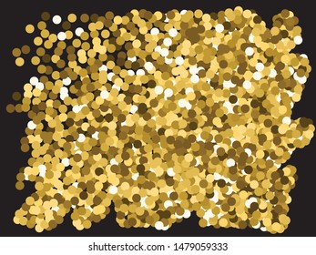 Bright festive round confetti. Vector illustration art. Geometric element of your design. Gold beautiful shiny abstract texture on black background.