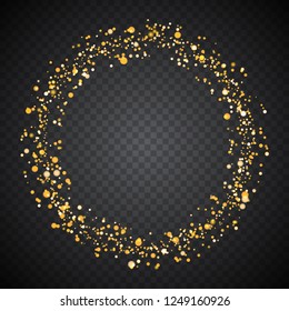 Bright festive round frame of glowing gold particles. Shinging ring with transparent light effects. Vector illustration