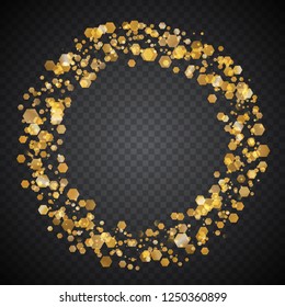Bright festive round frame of glowing gold particles. Shining ring with transparent light effects. Vector illustration