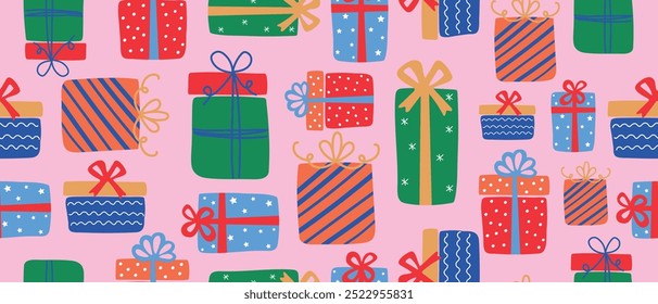 Bright festive seamless background with gift boxes for Christmas, New Year or birthday. Vector.