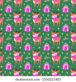 Bright festive seamless pattern with deer, gift box and ostrich. Endless winter Christmas ornament in fancy colors.