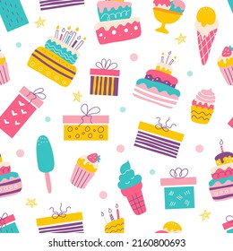 Bright festive seamless pattern in doodle style. Cakes, cupcakes, gifts and ice cream. Design for postcards, birthday wrapping paper.