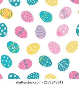 Bright festive seamless pattern with eggs. Easter colorful background. Decorated with flowers, lines, dots, curves easter eggs print for textile, paper, packaging. Vector graphics