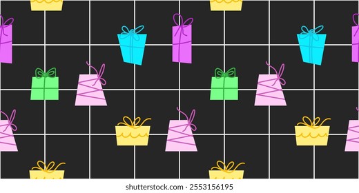 Bright festive festive seamless pattern gift box gift box surprise vector illustration on dark background checkered pattern