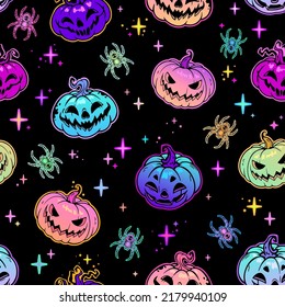 bright festive seamless pattern with Halloween pumpkins