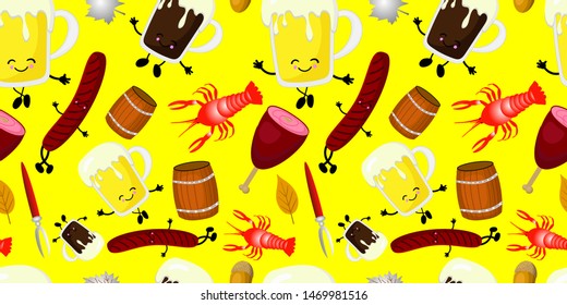 Bright festive seamless pattern for Oktoberfest. beer, sausages and smoked sausages on yellow