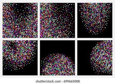 Bright festive set background with confetti of geometric elements in a Memphis style. Colored postcard.