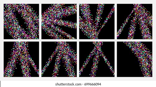Bright festive set background with confetti of geometric elements in a Memphis style. Colored postcard.